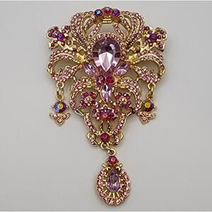 Beautiful Royal Ornate Brooch Pinks & Purples Faux Jewels and Dangly Bits